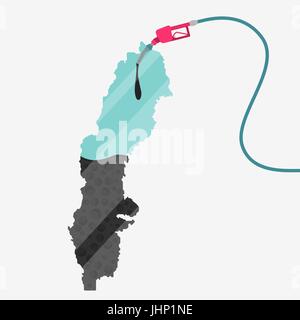 Map of Sweden being fueled by oil. Gas pump fueled map. On the map there is glass reflection. Conceptual. Oil producing or importing countries. Stock Vector