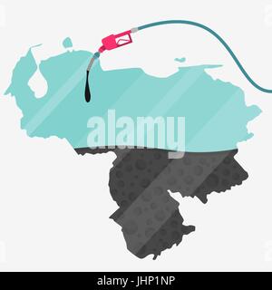 Map of Venezuela being fueled by oil. Gas pump fueled map. On the map there is glass reflection. Conceptual. Oil producing or importing countries. Stock Vector