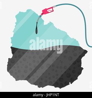 Map of Uruguay being fueled by oil. Gas pump fueled map. On the map there is glass reflection. Conceptual. Oil producing or importing countries. Stock Vector