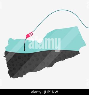 Map of Yemen being fueled by oil. Gas pump fueled map. On the map there is glass reflection. Conceptual. Oil producing or importing countries. Stock Vector