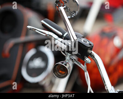 Steering wheel motorcycle leather handbrake lever mirror Stock Photo