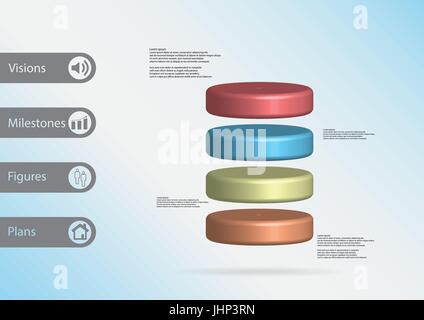 3D illustration infographic template with motif of cylinder horizontally divided to four color slices with simple sign and sample text on side in bars Stock Vector