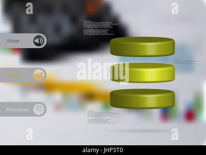 3D illustration infographic template with motif of cylinder horizontally divided to three green slices with simple sign and sample text on side in bar Stock Vector