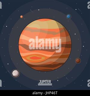 colorful poster of the planet jupiter in the space with moons around Stock Vector