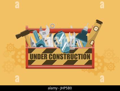 Under construction sign on red toolbox with tools on yellow gear wheels background Stock Vector