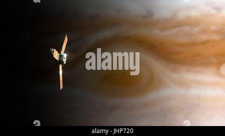 Juno spacecraft above Jupiter's Great Red Spot. Computer illustration of NASA's Juno spacecraft over Jupiter's pole. Juno was launched in 2011 on a five-year flight to Jupiter. Unlike previous Jupiter missions, it uses solar panels (three arrays seen here). Stock Photo