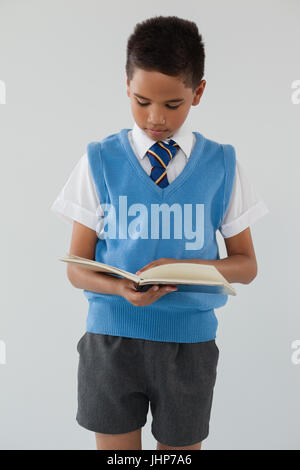 Attentive schoolboy reading book against white background Stock Photo