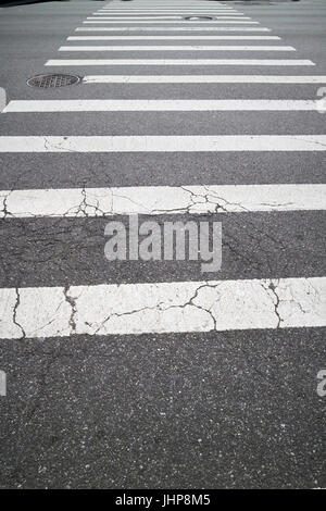 cracked white painted lines signifying crosswalk on city street New York City USA Stock Photo