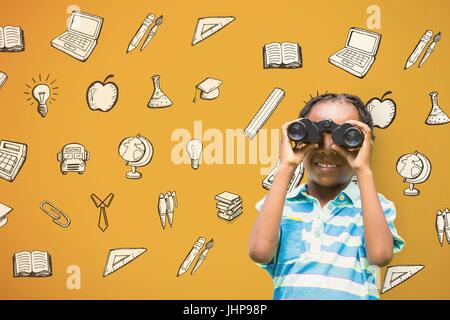 Digital composite of Happy boy looking through binoculars against yellow background with graphics Stock Photo