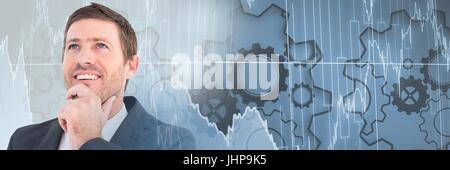 Digital composite of Thinking man with cog wheels and stock markets graphics transition Stock Photo