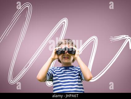 Digital composite of Boy looking through binoculars against pink background with arrow Stock Photo