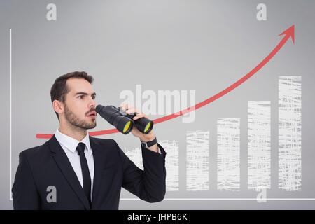 Digital composite of Confused man with binoculars against white background with infographics Stock Photo