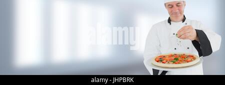 Digital composite of Chef holding pizza with windows transition Stock Photo