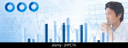 Digital composite of Thinking man with statistics charts and numbers transition Stock Photo