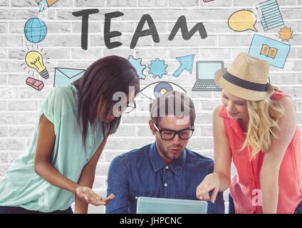 Digital composite of Group of people on tablet laptop in front of team graphics Stock Photo