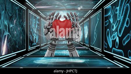 Digital composite of 3D robot hands holding heart in 3D corridor Stock Photo