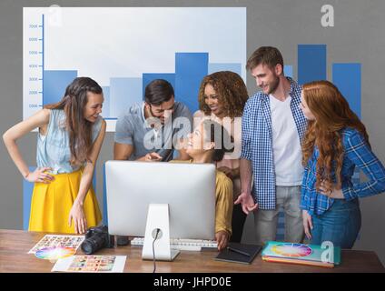 Digital composite of Happy business people at a desk talking against grey background with blue graphics Stock Photo