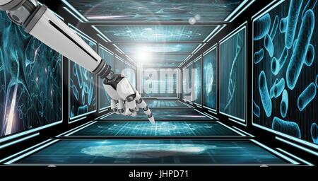 Digital composite of 3D robot arm touching screen in 3D corridor Stock Photo