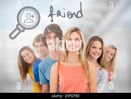 Digital composite of Group of young people standing in front of friend text with magnifying glass search icon Stock Photo