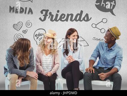 Digital composite of Group of people sitting in front of friends social media drawings Stock Photo