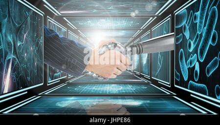 Digital composite of Businessman arm shaking hands with 3D robot arm in 3D corridor Stock Photo