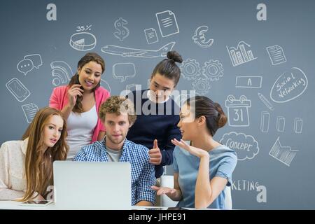 Digital composite of Business people at a desk looking at a computer against blue background with graphics Stock Photo