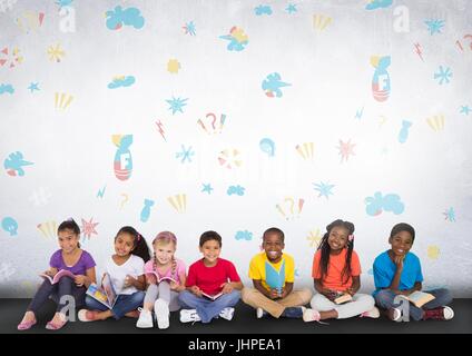 Digital composite of Group of children sitting in front of colorful graphics Stock Photo