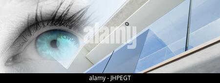 Digital composite of Close up of bright blue eye with window transition Stock Photo
