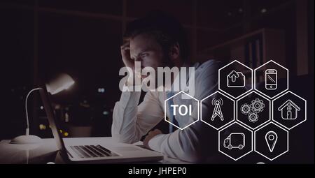 Digital composite of Icons against worried man photo Stock Photo