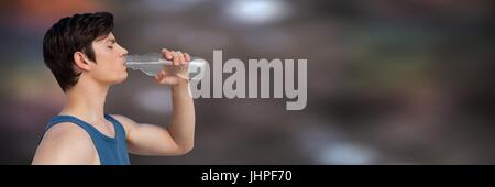 Digital composite of Man in training gear drinking water against blurry brown background Stock Photo