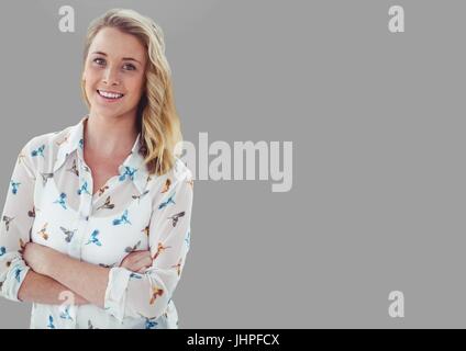 Digital composite of Portrait of woman with grey background Stock Photo