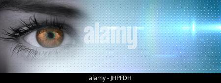 Digital composite of Close up of greyscale eye with brown iris and blue smart tech transition Stock Photo