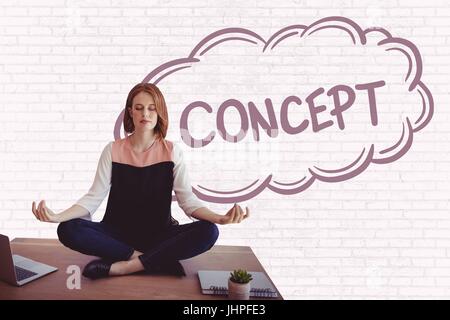Digital composite of Business woman on a desk meditating against white wall with purple graphic Stock Photo