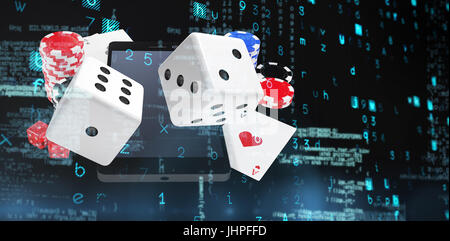 Virus background against smartphone with stack of casino tokens and playing cards Stock Photo