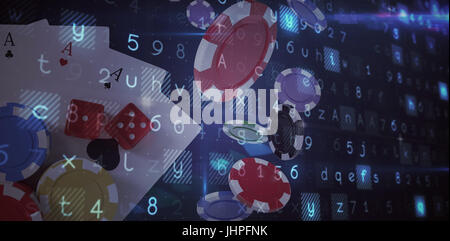 Virus background against overhead view of casino tokens with dice and playing cards Stock Photo