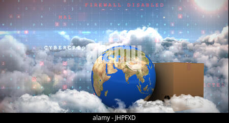 3D planet Earth and cardboard box against white background against image of malware detected server over cloudy sky Stock Photo