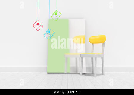Blank frame and empty chair against wall  against blank whiteboard by empty chair against wall Stock Photo