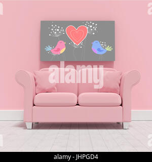 Pink couch against blank picture frame  against love birds with heart and dandelions Stock Photo