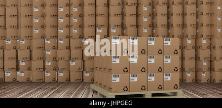 Brown cardboard boxes over white background against room with wooden floor Stock Photo