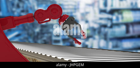3D image of empty conveyor belt against full store room Stock Photo