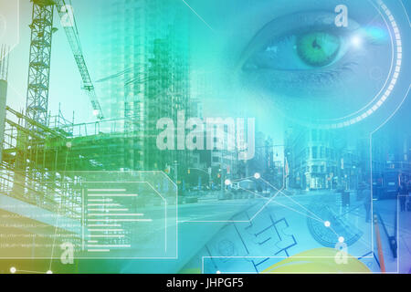 technology interface against overhead view of architect material Stock Photo