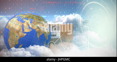 3D image of blue lines on planet Earth by box against digitally generated image of connection icon with clouds Stock Photo