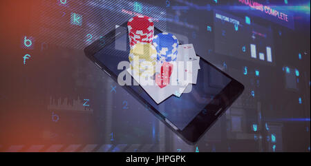 Virus background against high angle view of smartphone with casino tokens and playing cards Stock Photo