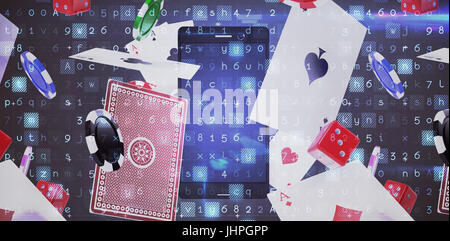 Virus background against smartphone with playing cards and stack of casino tokens Stock Photo