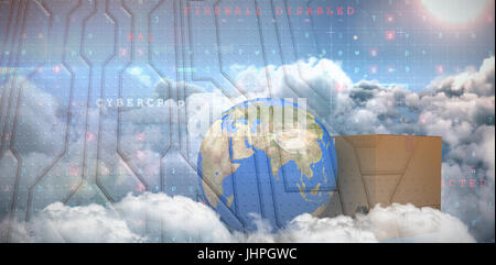 3D planet Earth and cardboard box against white background against computer generated image of abstract pattern on screen Stock Photo