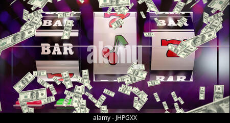 Dollars falling against close up slot machine showing cherry icons and text Stock Photo