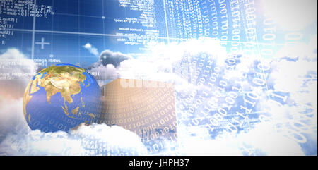 3D image of planet Earth and box against panoramic shot binary codes on blue screen Stock Photo