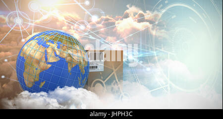 3D image of blue lines on planet Earth by box against digitally generated image of connection icon with clouds Stock Photo