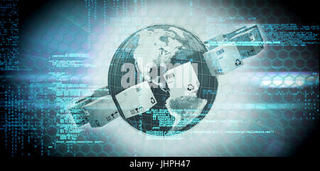 Image of data against black background with shiny hexagons Stock Photo