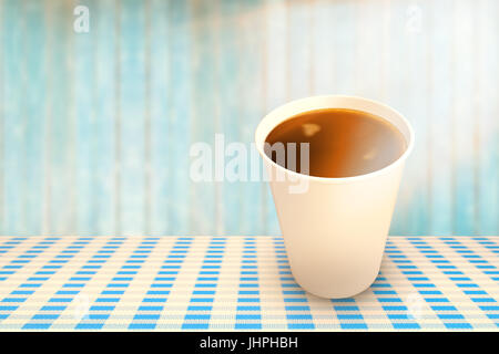 Coffee cup over white background against view of wooden planks Stock Photo